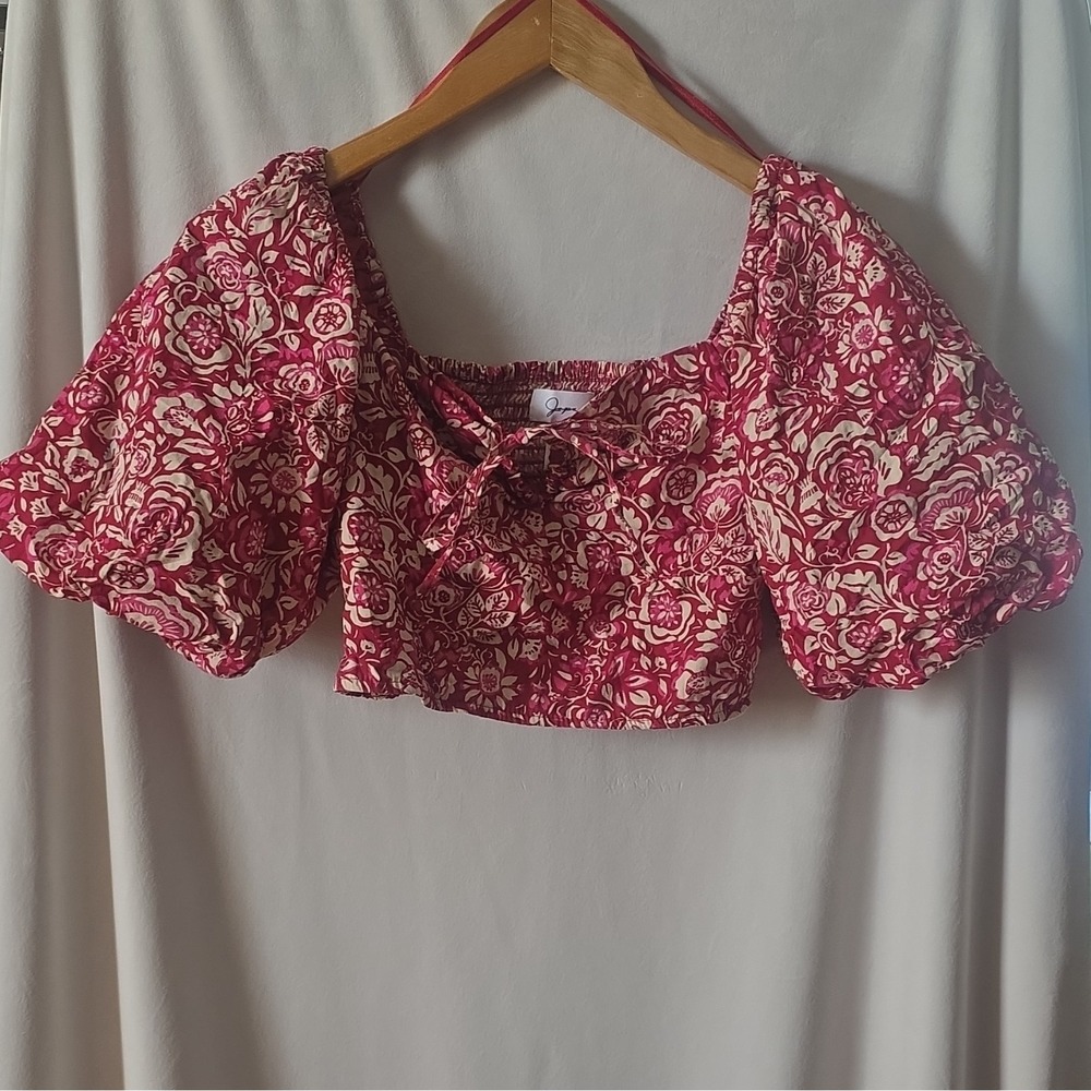 Japna Pink White Floral Smocked Puff Sleeve Square Neck Cropped Blouse S